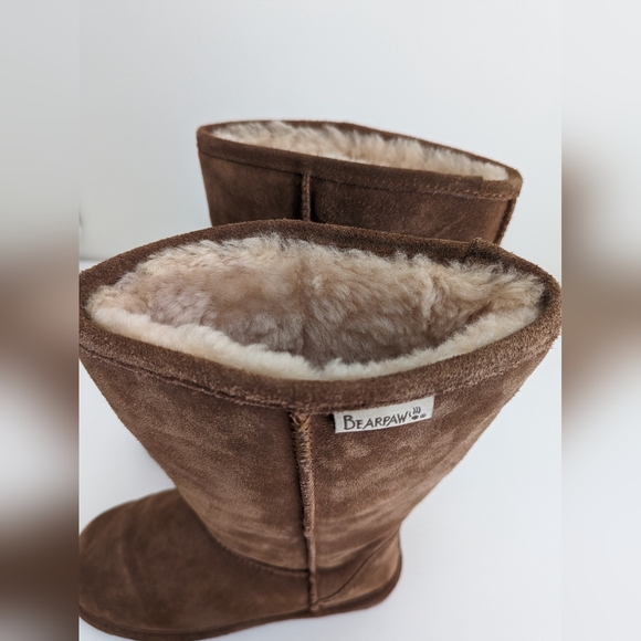 BEARPAW Emma Brown Suede Tall Boots Slip On Sheepskin Women Sz 8 Flat Heel MINT - Picture 6 of 15